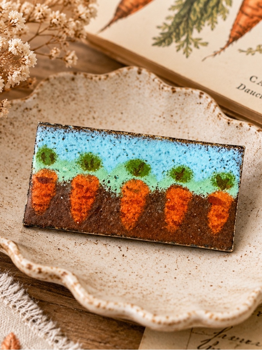 Handmade Enamel Carrot Row Pin - Colorful Garden Motif